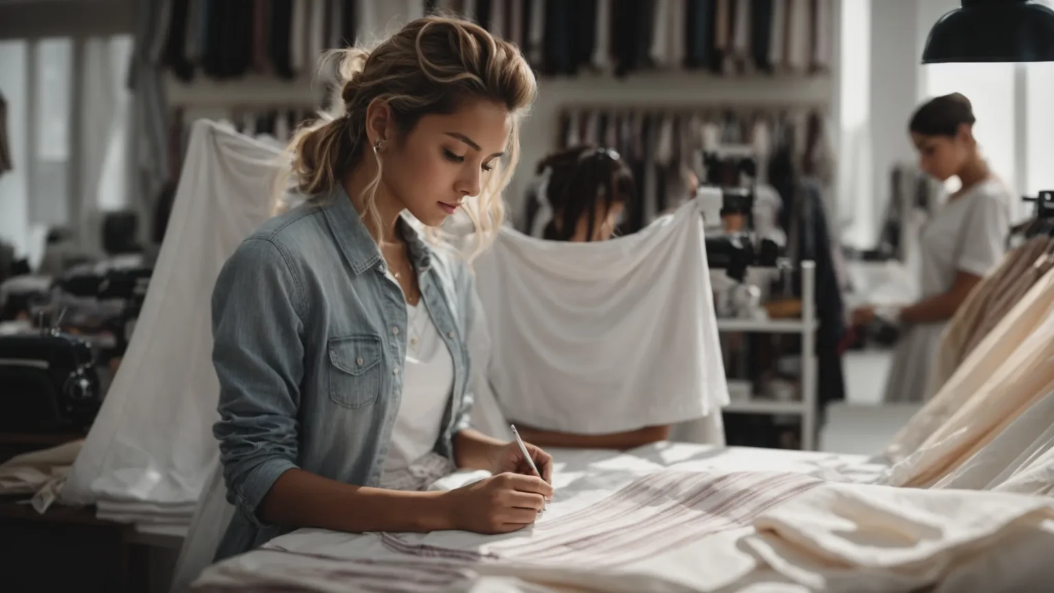 a clothing designer sketches out a new apparel collection while surrounded by fabric samples and a sewing machine.
