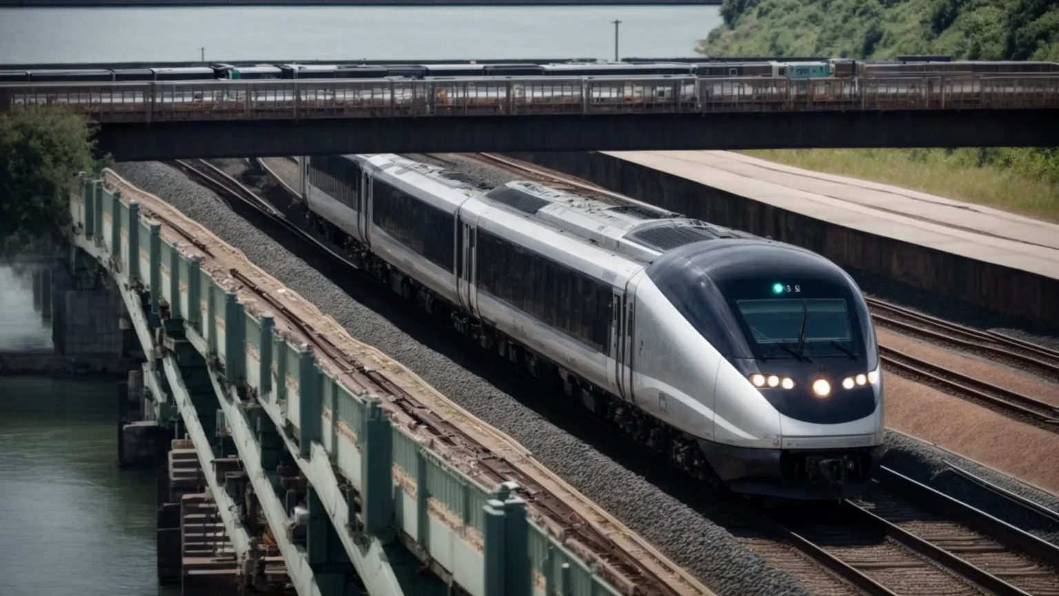 a modern train speeds across a bridge, symbolizing the advanced connectivity enabled by the digi tx64 rail router in rail networks.