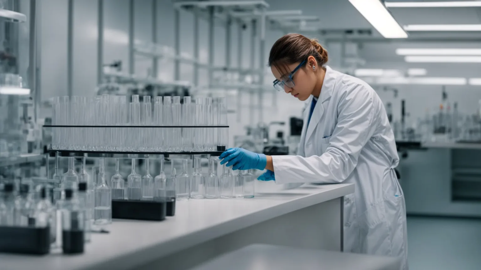 a researcher wearing a lab coat examines a row of clear vials filled with a clear liquid on a laboratory bench.