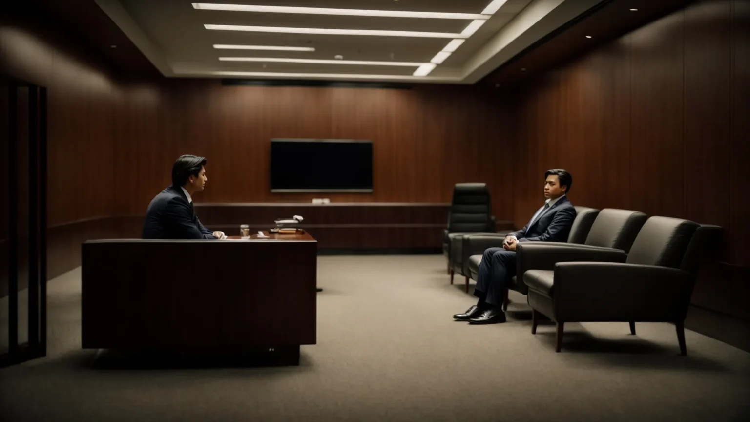 a worried individual sits across from a defense attorney in a dimly lit consultation room, discussing legal strategies.