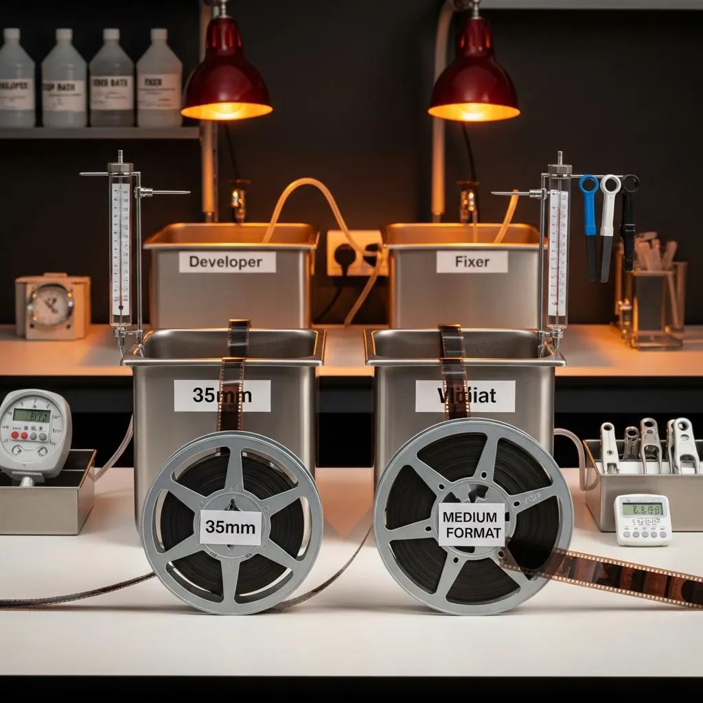 Comparison of 35mm and medium format film processing with film reels in a lab setting