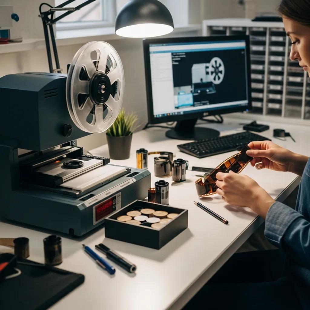 Professional film development and scanning services with a technician handling film negatives