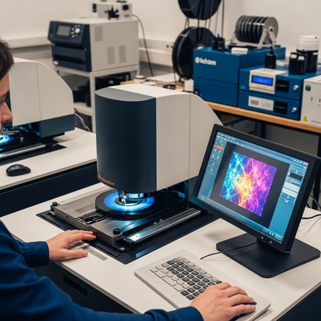 Technician using a high-resolution film scanner to digitize film negatives in a professional lab