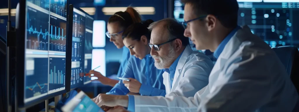 a professional business team working on a computer screen with ai search platform results displayed.