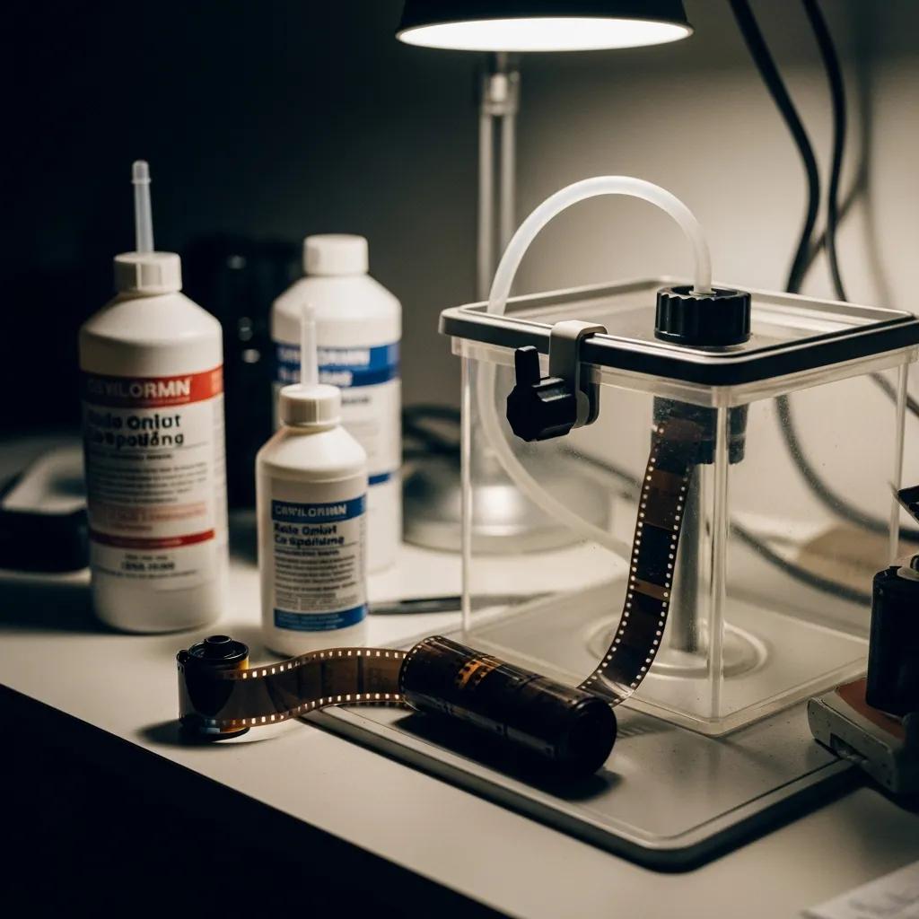 Home film development setup with a developing tank and black and white film
