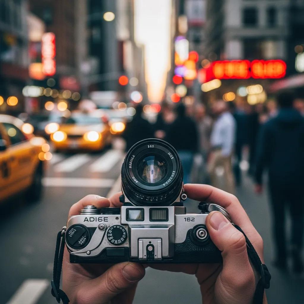 Photographer using a 35mm film camera in an urban environment