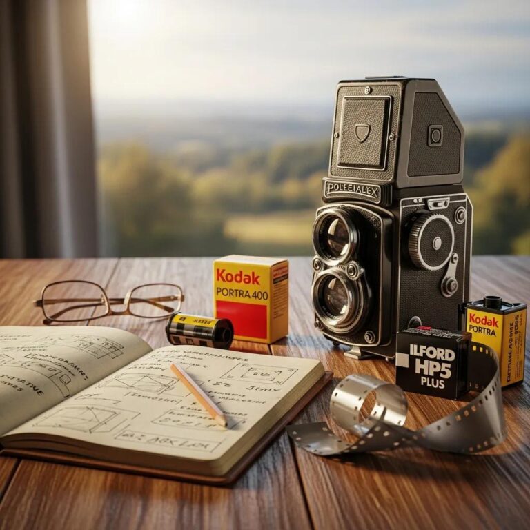 Vintage film camera with film rolls and photography notes on a wooden table